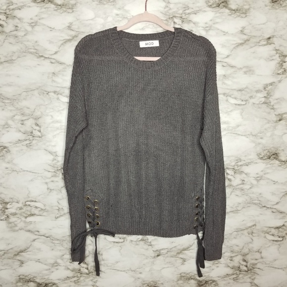 MOD Sweater Womens Large Grey Chunky Knit Lace Up - Picture 1 of 5